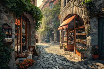 Fototapeta na wymiar A Painting of a Cobblestone Street in a Small Town, A quaint little bakery shop nestled on a cobblestone street, AI Generated