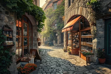 Fotobehang A Painting of a Cobblestone Street in a Small Town, A quaint little bakery shop nestled on a cobblestone street, AI Generated © Iftikhar alam