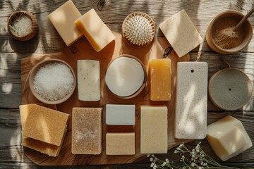 A variety of waterless self care products arranged on a wooden board, illuminated by natural sunlight
