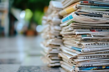 A collection of newspapers neatly stacked on top of a wooden table - obrazy, fototapety, plakaty