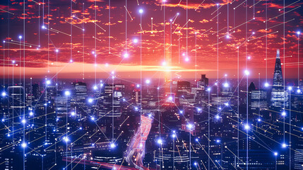 City and Technology Network, Urban Digital Connection and Business Concept, Futuristic Skyline and Cyber Communication