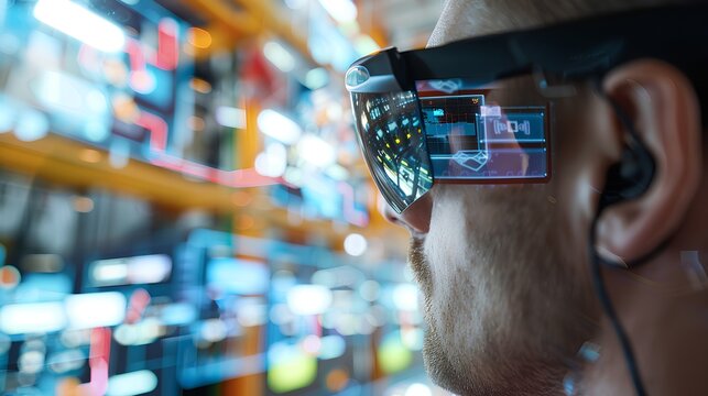 Close-up of a man wearing goggles and earphones observing augmented reality inside an industrial facility.
