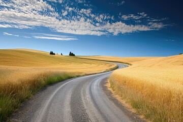 A dirt road stretches through a vast expanse of wheat, creating a winding path through the golden field of crops, A quiet country road winding through fields of wheat, AI Generated