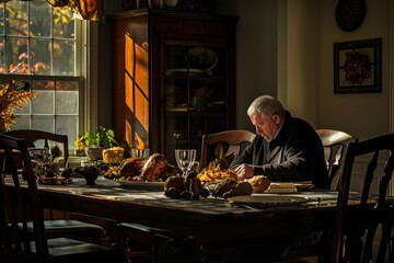 A man is seated at a table, with a large turkey placed in front of him, ready to be eaten, A quiet moment of solitude before commencing the Thanksgiving dinner, AI Generated