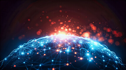 Obraz premium Global Networking and Technology Space, Connected World and Digital Communication, Futuristic Earth Map on Blue Background