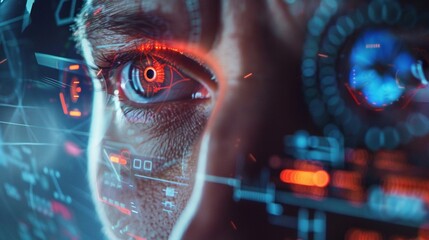 A close-up of a hologram created with augmented reality reflected in a man's eyes.