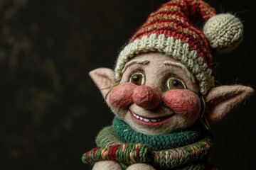 A detailed view of a stuffed animal adorned with a hat and scarf, A quirky Christmas elf with a cheeky grin, AI Generated
