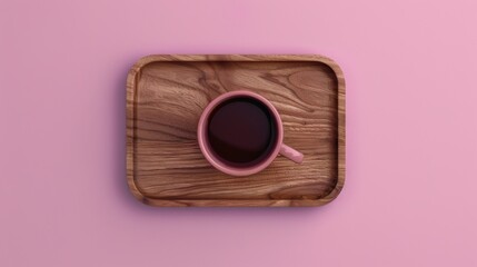 A cup of coffee sits on a wooden tray, surrounded by a tranquil ambiance