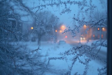 A Serene Winter View of a Snow-Covered Urban Street Through a Window, A raging blizzard seen through a frosted window, AI Generated