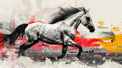 Modern Art Collage: Freedom's Essence in Horse's Graceful Run

