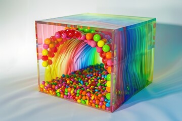 Colorful Box Filled With Assorted Candies on a White Background, A rainbow-colored transparent gift box revealing a whirl of colorful candy inside, AI Generated