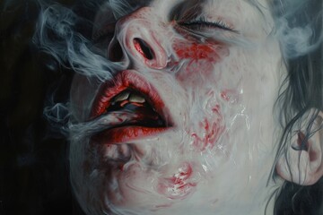 A painting showcasing a detailed portrait of a womans face with smoke emerging from her open mouth, A realistic depiction of an anaphylactic shock, AI Generated
