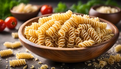 Raw fusilli pasta in wooden bowl

