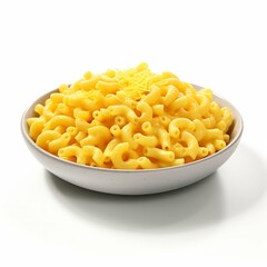 A plate of freshly cooked mac and cheese, isolated on white background