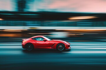 A vibrant red sports car zooming down a bustling city street with other vehicles in motion, A red...