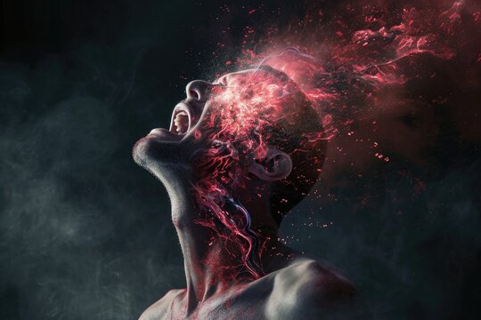 A man with his face fully covered in vibrant red smoke, creating a striking visual effect, A realistic depiction of an anaphylactic shock, AI Generated