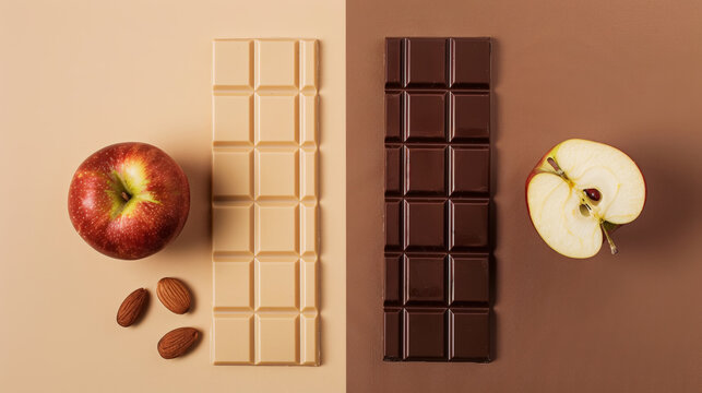 Top view of chocolate bar and red apple on beige brown split background. Healthy snacks concept. Generative AI