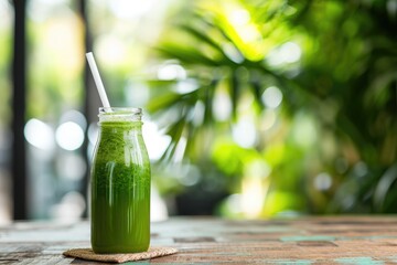 A refreshing green smoothie made with fresh ingredients, served in a glass with a straw, A...