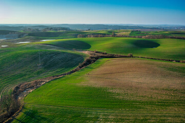 Aerial landscape of the green fields in northern Poland at spring time. - 757188956