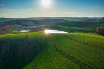 Aerial landscape of the green fields in northern Poland at spring time. - 757188983