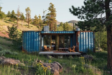Fototapeta na wymiar Innovative Home Constructed From a Shipping Container, A repurposed shipping container home in a wilderness setting, AI Generated