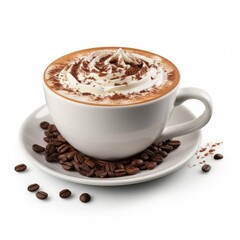 Naklejka premium A freshly made cappuccino with a few pieces of chocolate sprinkled on top, isolated on white background