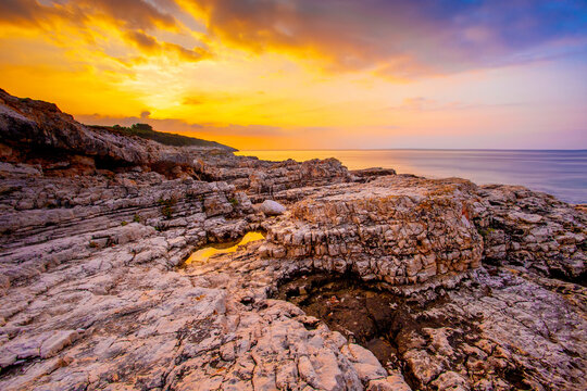 summer sunset view, Kamenjak cape (Premantura peninsula) . national park near Pula and Rabac, Istria, Croatia, Europe	