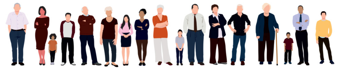 Fototapeta na wymiar group of multiracial people. people from different races. Children, teenage, adult, parents and grandparent. Set of group of people standing and posing. Children with their parents and grandparents. 
