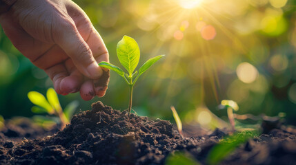 A human hand is seen nurturing a young plant in soil with sunlight indicating growth and care
