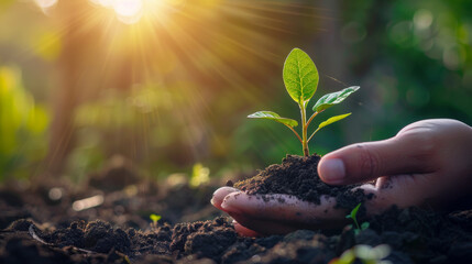 Cupped hands gently surround a young plant bathing in sunlight, an image of nurturing and protection