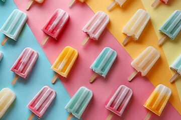 Summer-Themed Background: Colored Ice Cream Sticks on Pastel

