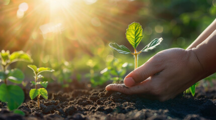 A gentle hand cradles a young plant in rich soil, sunlight beams in the background symbolizing life and eco-care