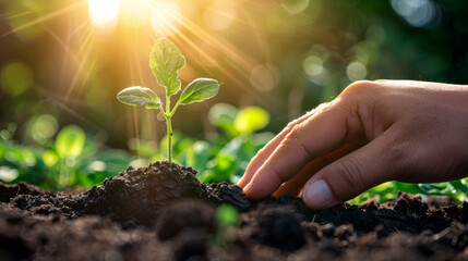 A hand nurturing a small plant in the soil, with a sun flare symbolizing hope and a new beginning