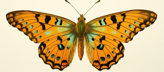 a close up of a butterfly with orange and green wings on a white background . High quality