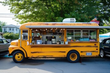 A brightly colored yellow food truck is parked in a busy parking lot, A retro school bus turned food truck, AI Generated