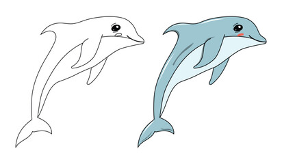 Coloring page with cartoon dolphin. Cute sea animal vector illustration