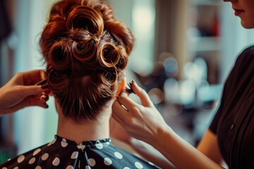 A woman sits in a salon chair as a professional hair stylist styles her hair, A retro-style...