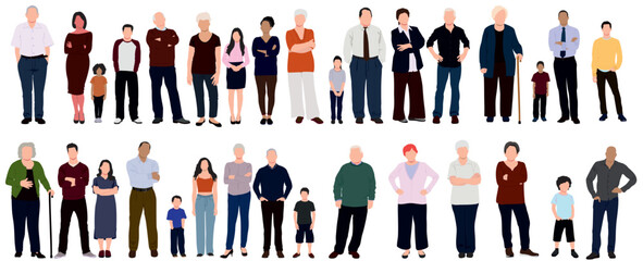 group of multiracial people. people from different races. Children, teenage, adult, parents and grandparent.  Set of group of people standing and posing. Children with their parents and grandparents. 