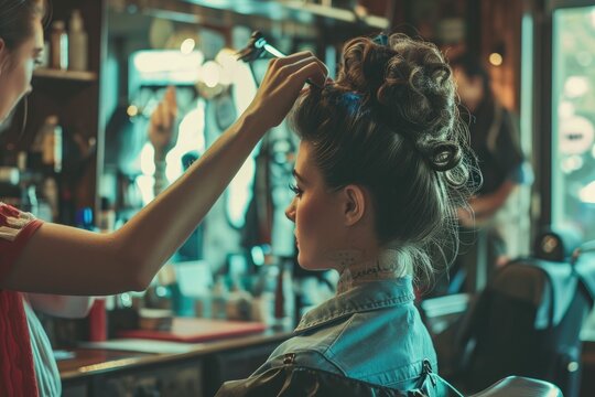 A woman sitting in a barbers chair while a hairstylist works on her hair in a barber shop, A retro-style hairdresser working on a beehive hairdo, AI Generated