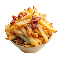 french fries in a white bowl, whit bacon isolated white background