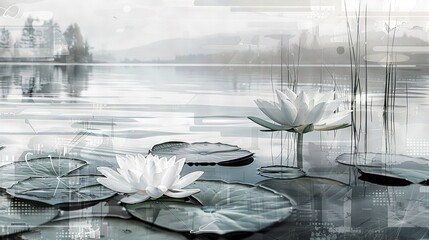 Modern Art Collage: Tranquil Lakeside Serenity and Natural Beauty

