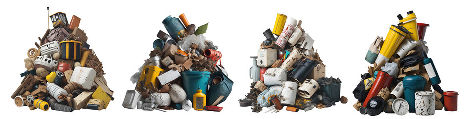 Collection of domestic household trash and rubbish piles isolated on transparent background. Generative AI