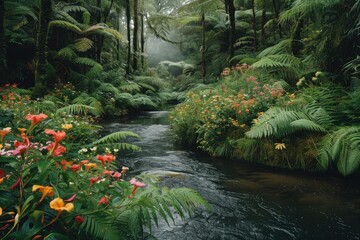 A winding stream cuts through a vibrant lush green forest, creating a mesmerizing natural landscape, A river in a rainforest surrounded by ferns and wildflowers, AI Generated