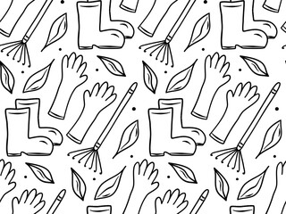 Doodle garden seamless pattern with gloves, boots, rake and leaves. Hand drawn spring or autumn background for printing, textile