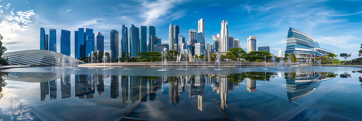 A futuristic cityscape with sleek skyscrapers reflected in the shimmering waters of a modern outdoor fountain - obrazy, fototapety, plakaty
