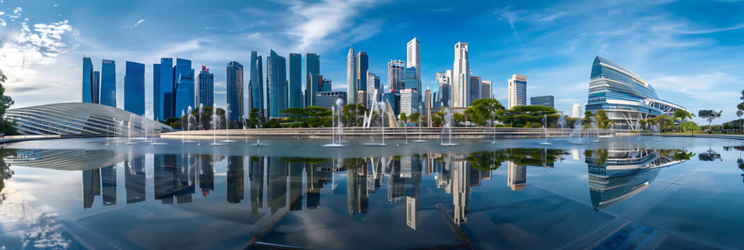 A futuristic cityscape with sleek skyscrapers reflected in the shimmering waters of a modern outdoor fountain