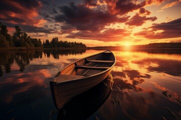 A sunset over a lake with a single boat in the foreground