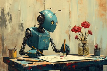 A painting depicting a robot holding a pen and writing on a piece of paper, A robot artist sketching a still life, AI Generated