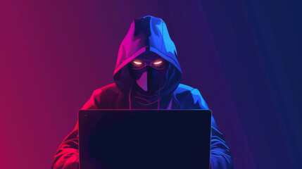 A mysterious person in a hood works on a laptop, illuminated by vibrant neon light creating an air of intrigue and cyber secrecy