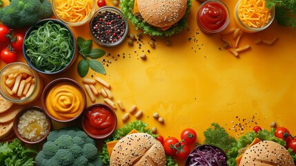 hamburgers and a portion of fries on the table, fresh vegetables and herbs.
Concept: fast food restaurant, educational materials about healthy eating and its alternatives, culinary blogs
